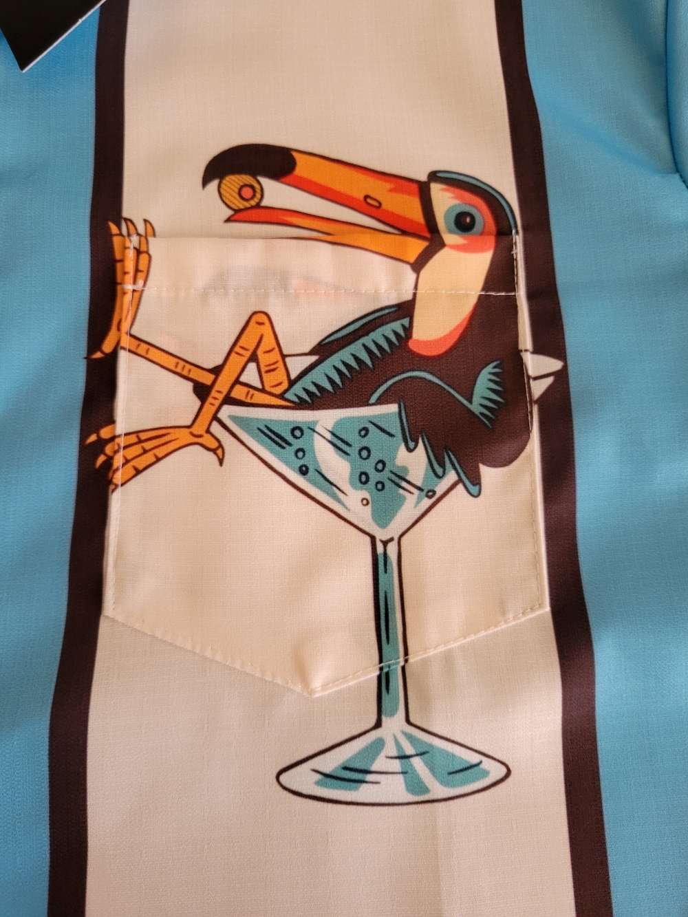 NWT Eleven Oasis Toucan Cocktail Bowling Shirt Men L Blue Striped Tiki Retro